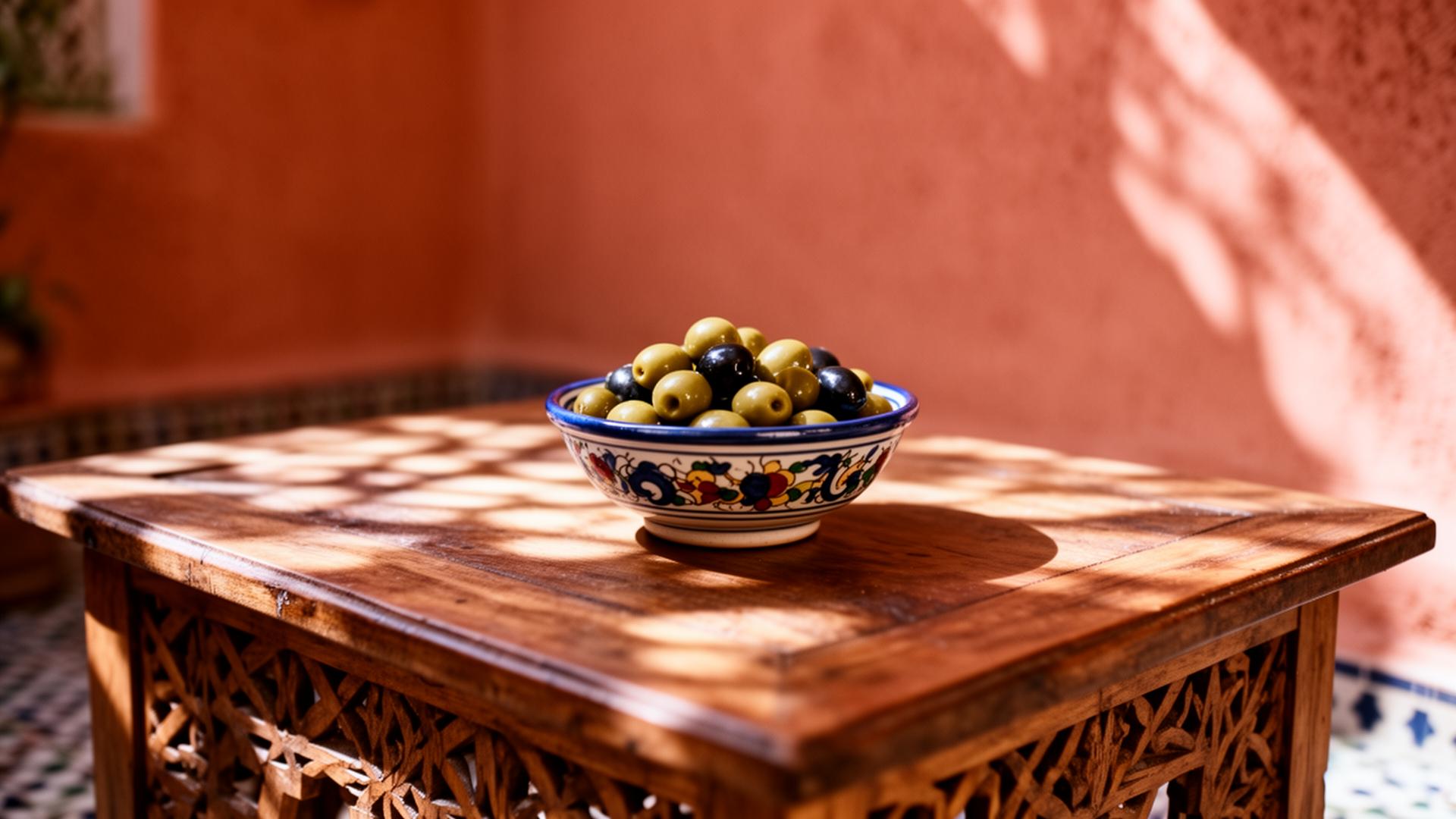 A small ceramic bowl of olives on a hand-carved wooden table in dappled afternoon light.