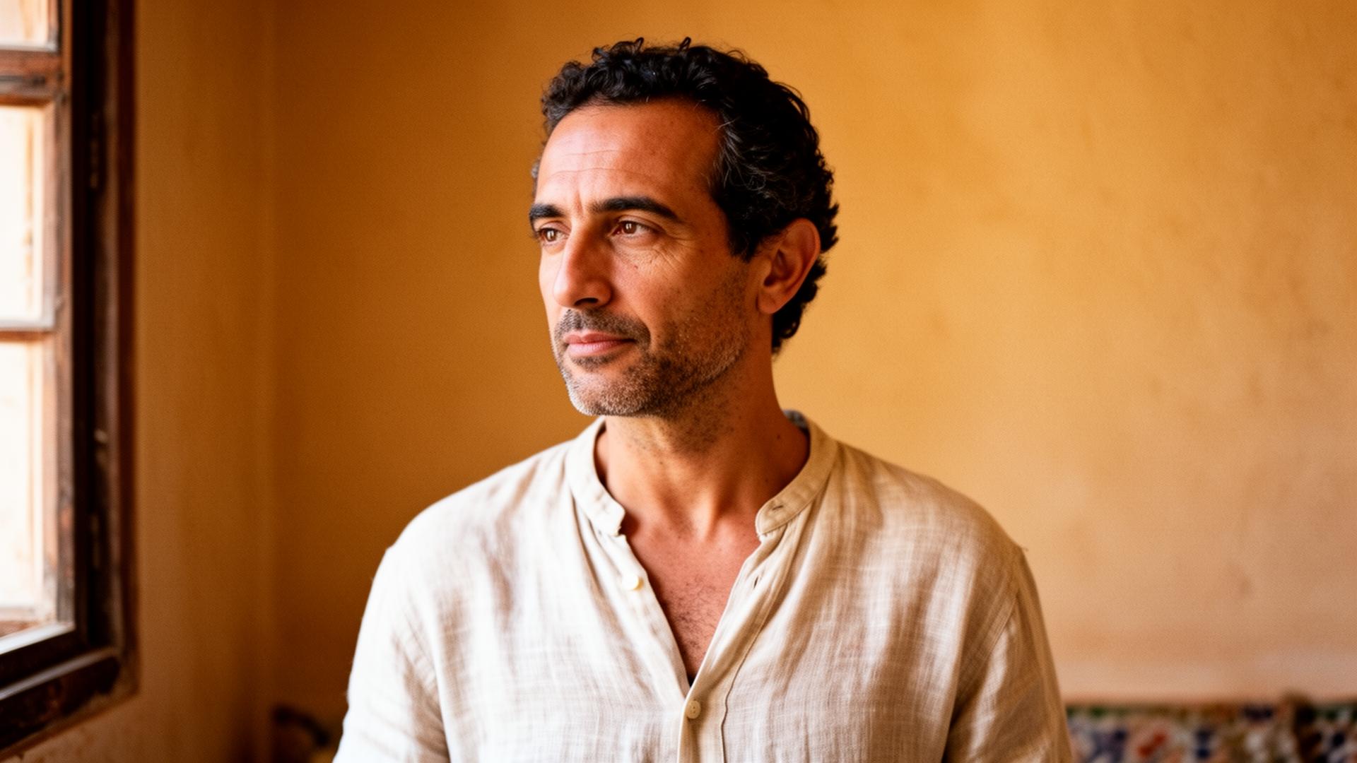 Portrait of the riad's owner standing in soft window light against an ochre wall.